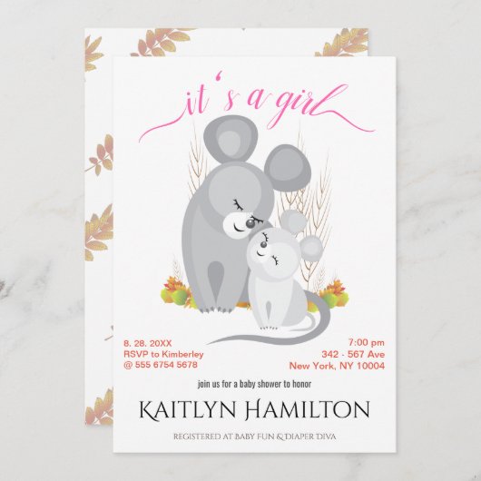 Invitation Fille Souris Mère Baby shower Souris Laine Maple (Devant / Derrière)