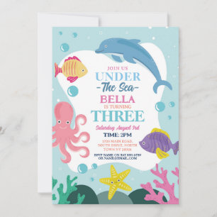Invitation Fille sous la mer TROIS dauphin océan pieuvre 3ème