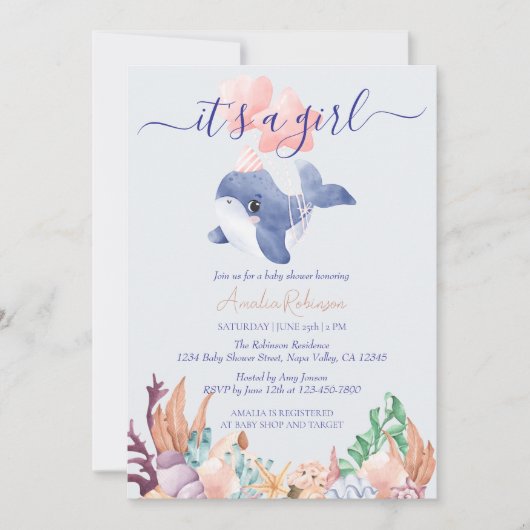 Invitation Fille sous le Baby shower d'aquarelle de baleine m (Devant)