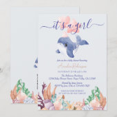 Invitation Fille sous le Baby shower d'aquarelle de baleine m (Devant / Derrière)