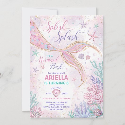 Invitation Fille Splish Splash Mermaid Anniversaire Bash Part (Devant)
