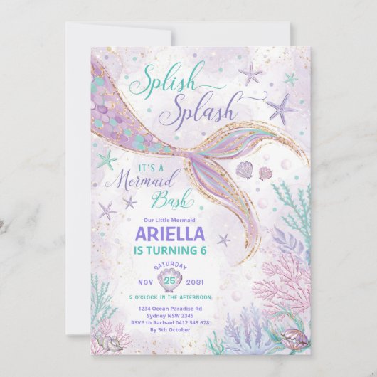 Invitation Fille Splish Splash Mermaid Anniversaire Bash Part (Devant)