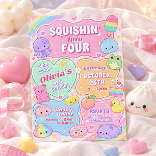 Invitation Fille Squishy Groovy Arc-en-ciel 4ème Anniversaire