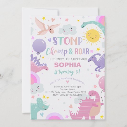 Invitation Fille Stomp Chomp & Dinosaure de rôti Anniversaire (Devant)