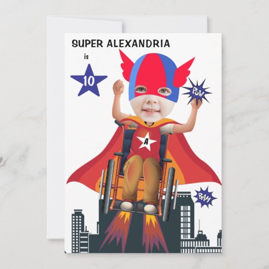 Invitation Fille Superhero en fauteuil roulant 💥 Héros volan (Devant)