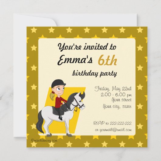 Invitation Fille sur cheval caricature d'anniversaire invitat (Devant)