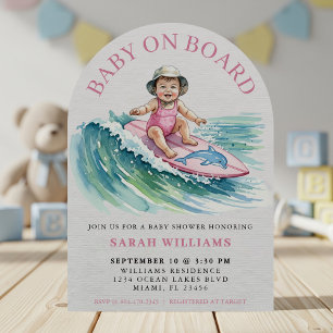 Invitation Fille surfeuse Baby Shower Bébé à bord aquarelle