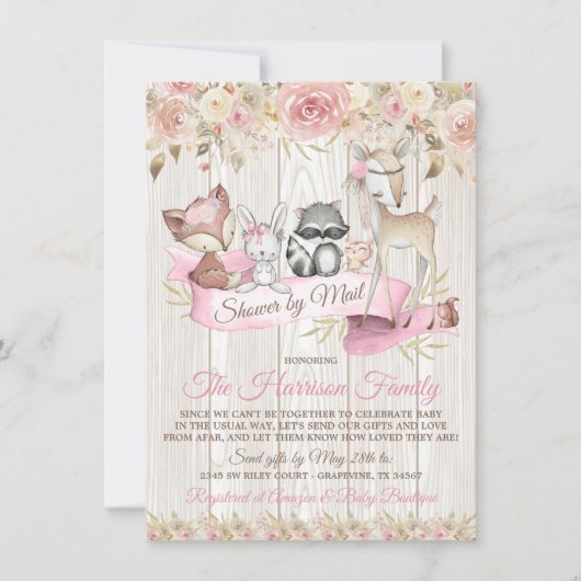 Invitation Fille Sweet Woodland Baby shower par courrier (Devant)
