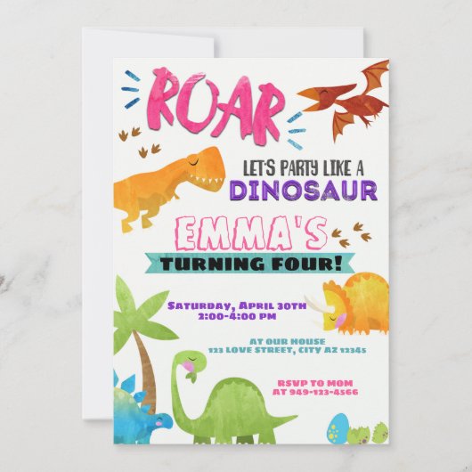 Invitation Fille T-Rex Dinosaure fête d'anniversaire (Devant)