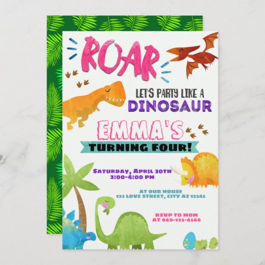 Invitation Fille T-Rex Dinosaure fête d'anniversaire (Devant / Derrière)