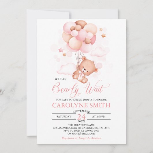 Invitation Fille Teddy Bear Baby shower à ballets rose (Devant)