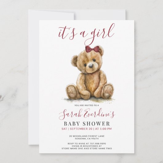 Invitation Fille Teddy Ours Aquarelle Fille Baby shower (Devant)