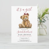 Invitation Fille Teddy Ours Aquarelle Fille Baby shower (Debout devant)