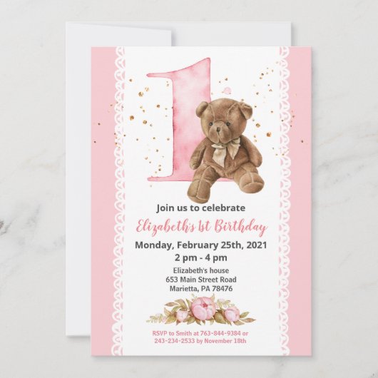 Invitation Fille Teddy Ours Aquarelle Floral 1er (Devant)