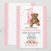 Invitation Fille Teddy Ours Aquarelle Floral 1er (Devant / Derrière)