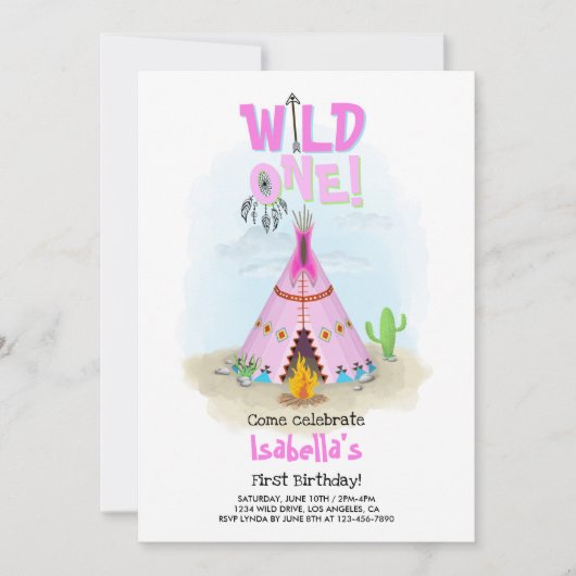 Invitation Fille Teepee d'une tribu rose sauvage (Devant)