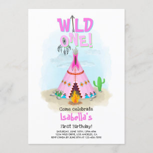 Invitation Fille Teepee d'une tribu rose sauvage