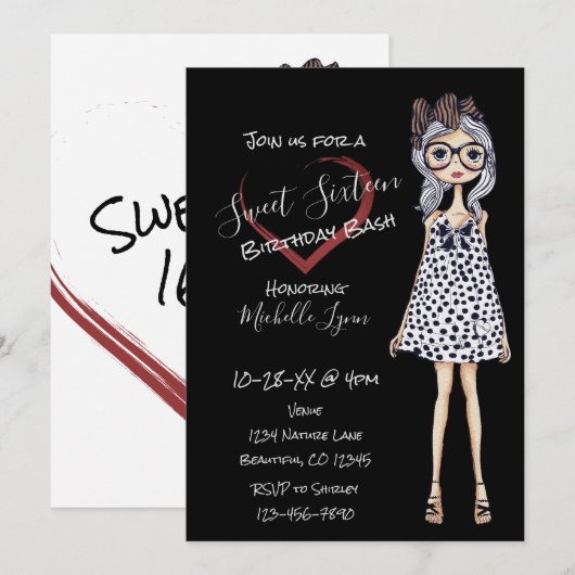 Invitation Fille tendance dans le coeur noir blanc doux 16 An (Devant / Derrière)