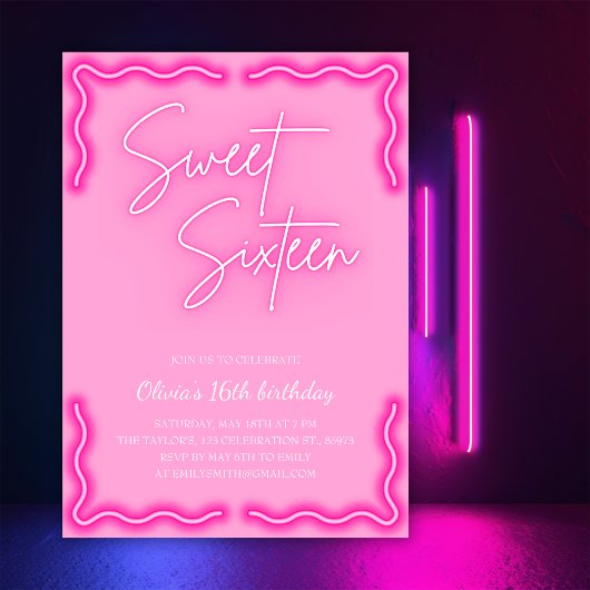 Invitation Fille tendance Neon rose Doux 16 Anniversaire