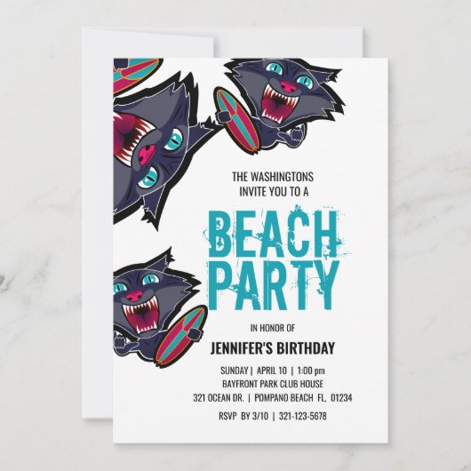 Invitation fille TOUT ÂGE surf chat BEACH FÊTE D'anniversaire (Devant)
