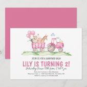 Invitation Fille Tracteur Anniversaire, Pink Farm Anniversair (Devant / Derrière)