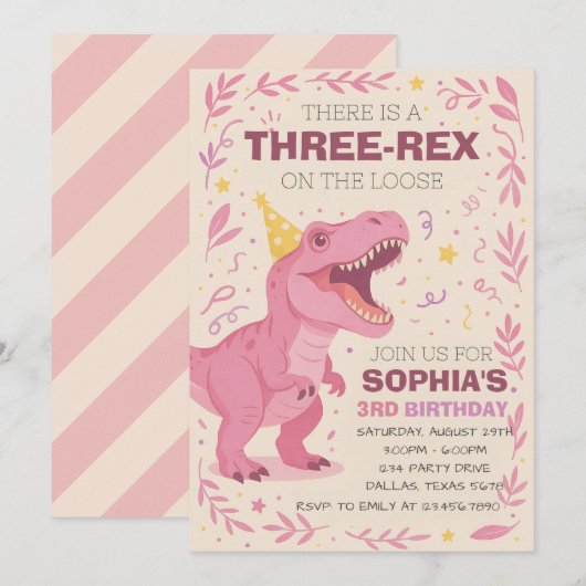 Invitation Fille Trois-Rex Anniversaire Dinosaure (Devant / Derrière)