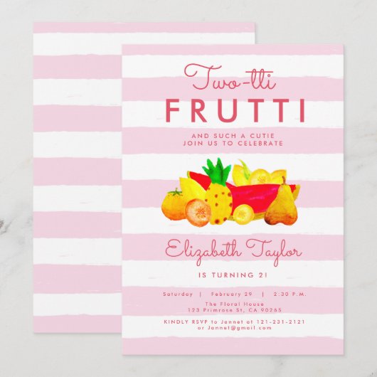 Invitation Fille Tropicale 2e anniversaire Deux Twotti Frutti (Devant / Derrière)