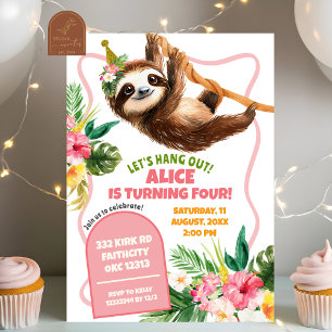 Invitation Fille tropicale Anniversaire de Paresseux rose
