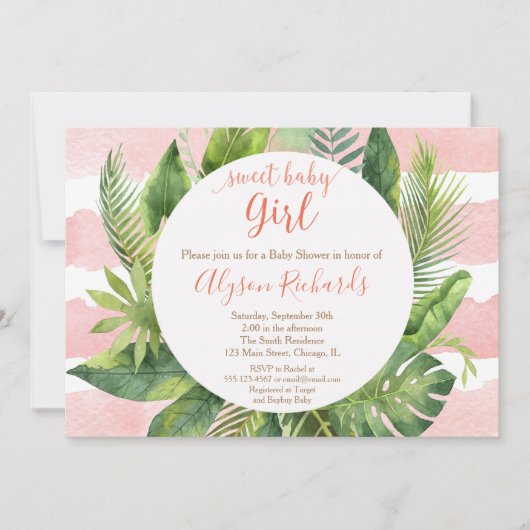 Invitation Fille tropicale de baby shower, paumes de verdure (Devant)