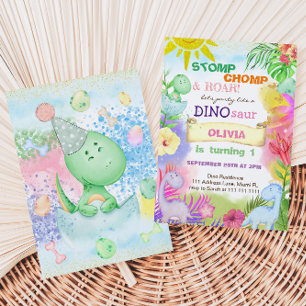 Invitation Fille tropicale dinosaure floral 1er anniversaire