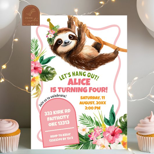 Invitation Fille tropicale rose Sloth Anniversaire