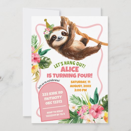 Invitation Fille tropicale rose Sloth Anniversaire (Devant)