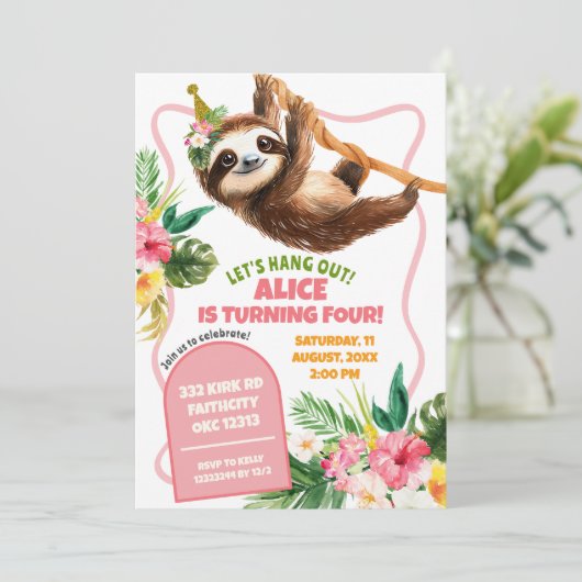 Invitation Fille tropicale rose Sloth Anniversaire (Debout devant)