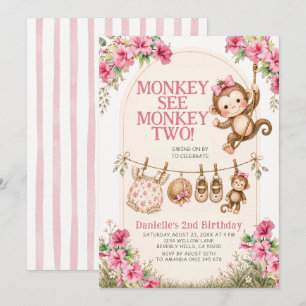 Invitation Fille Tropicale Singe Voir Singe Deux Anniversaire