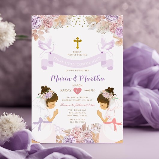 Invitation Fille TWIN Première Communion Violet Rose Floral