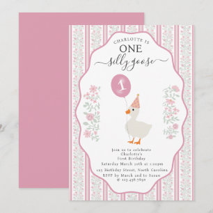 Invitation Fille Un Canard Fou 1er Anniversaire Rose Vintage