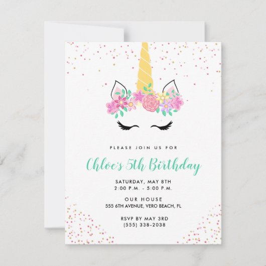 Invitation Fille Unicorne 5e fête d'anniversaire (Devant)
