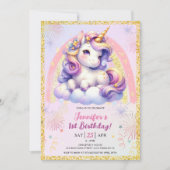 Invitation Fille Unicorne violet rose & or 1er anniversaire f (Devant)