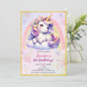 Invitation Fille Unicorne violet rose & or 1er anniversaire f (Debout devant)