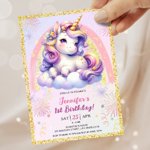 Invitation Fille Unicorne violet rose & or 1er anniversaire f