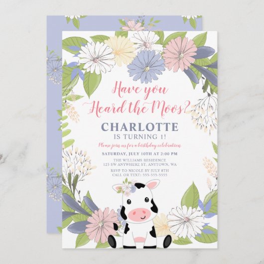 Invitation Fille vache de gerbe florale 1er anniversaire (Devant / Derrière)
