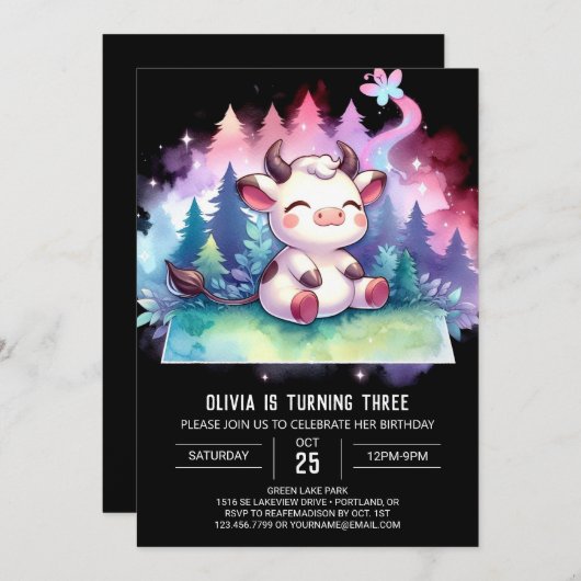 Invitation Fille Vache imprimable Anniversaire (Devant / Derrière)