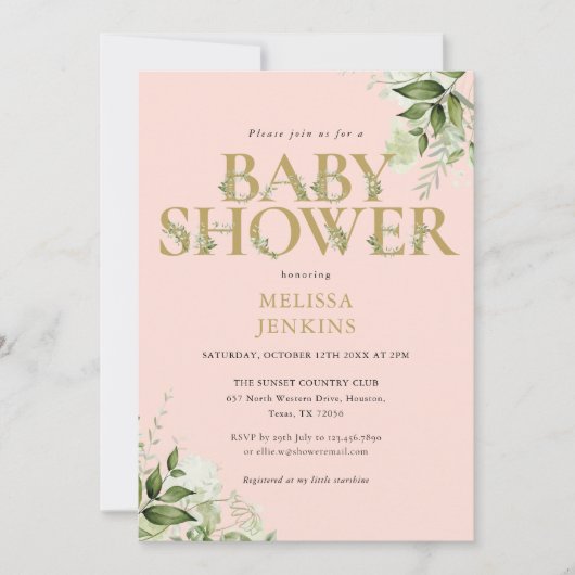 Invitation Fille Verdure Rose Doré Lettre Baby Shower (Devant)