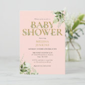 Invitation Fille Verdure Rose Doré Lettre Baby Shower (Debout devant)