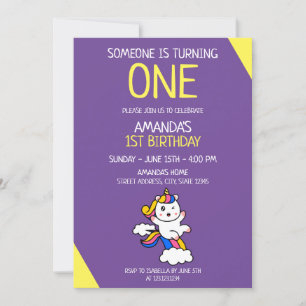 Invitation Fille violet et jaune mignon Unicorn 1er anniversa