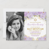 Invitation Fille Violet Lavande Or Floral Bat mitzvah (Devant)