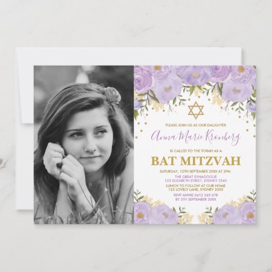 Invitation Fille Violet Lavande Or Floral Bat mitzvah (Devant)