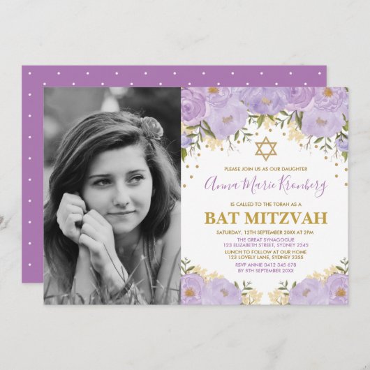 Invitation Fille Violet Lavande Or Floral Bat mitzvah (Devant / Derrière)