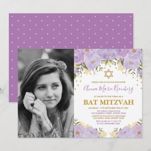 Invitation Fille Violet Lavande Or Floral Bat mitzvah