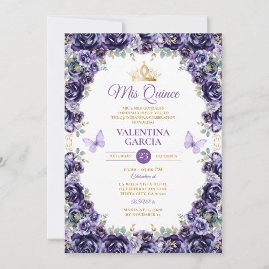 Invitation Fille Violet Quinceañera 15 Anos Fleurs Or Couronn (Devant)